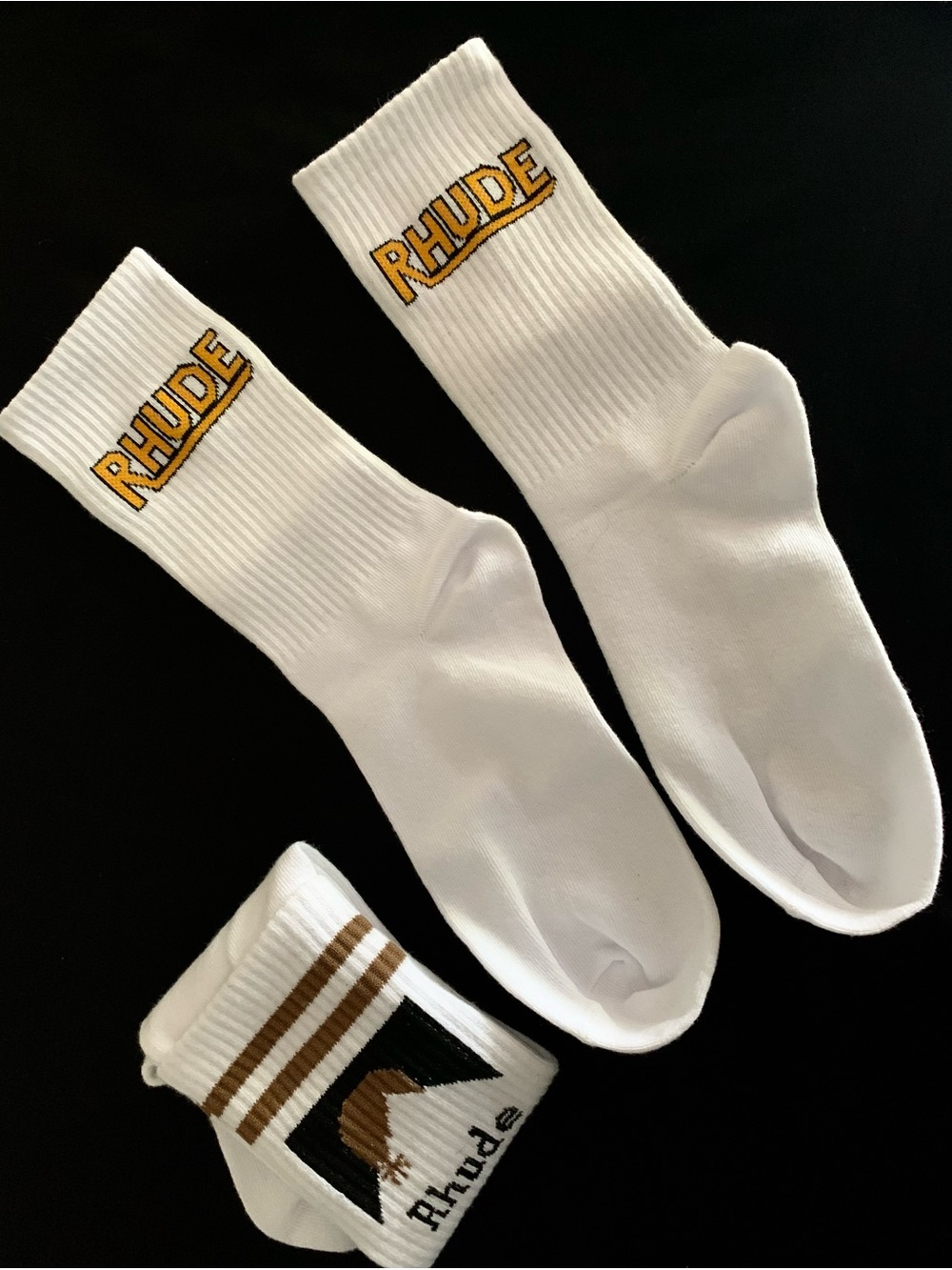 Rhude White Crew Socks with Gold Logo and Brown Accent